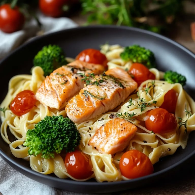 Cremige Pasta Mit Lachs, Brokkoli Und Tomaten